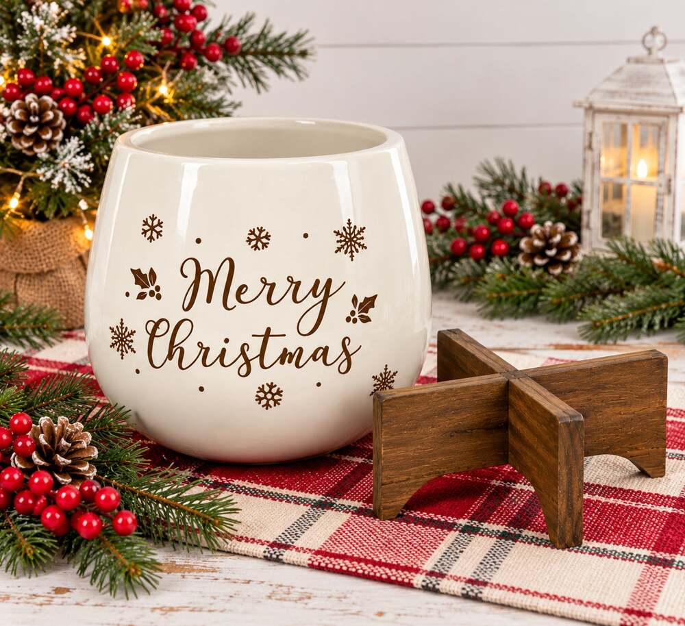 Merry Christmas Ceramic Bowl Planter with Wood Stand Holiday Decor